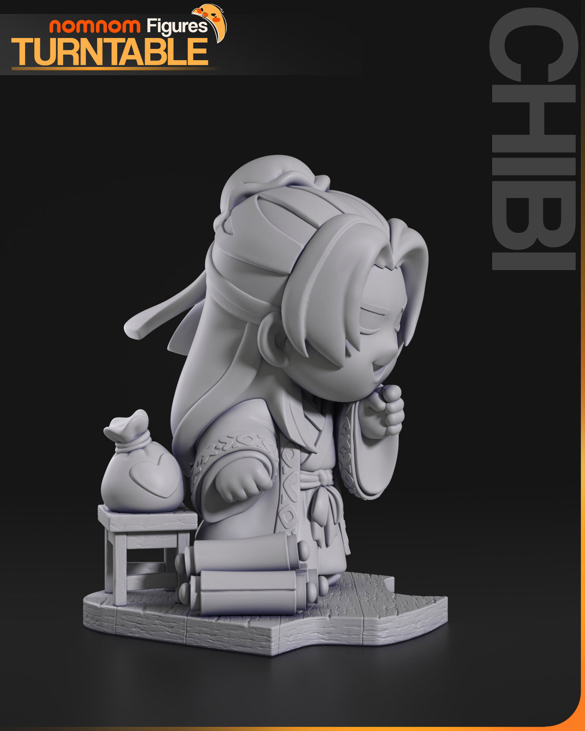Sculptor's render (kit ships unpainted): gray side profile showing the long hair, the hair-tie tails and the pouch
