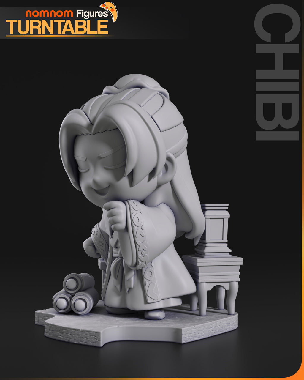 Sculptor's render (kit ships unpainted): gray three-quarter view from the other side with the lantern on its stand and the scrolls