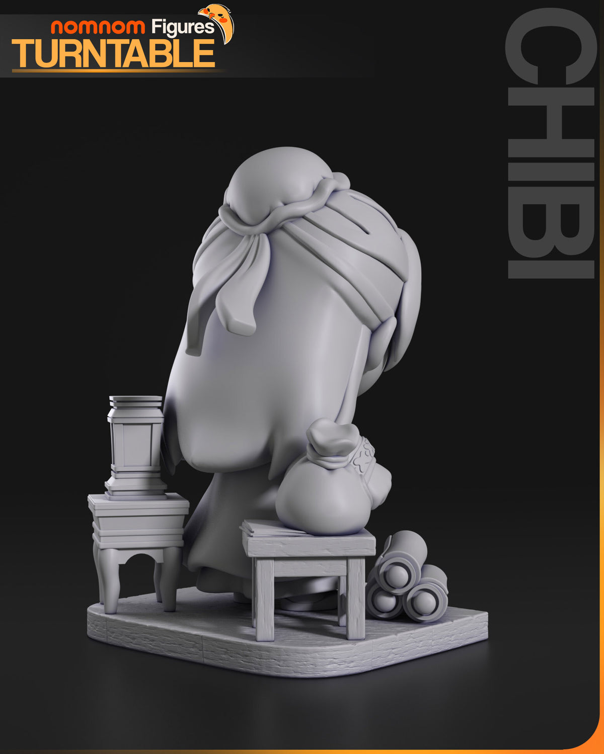 Sculptor's render (kit ships unpainted): gray rear view of the bun, the hair tie and the robe, with the lantern stand and stool on either side