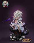 Sculptor's render of the painted design (kit ships unpainted): front view of the chibi white-haired fighter crouched on a giant horned black skull, gripping a violet lightning bolt, with a pale energy cloud behind him