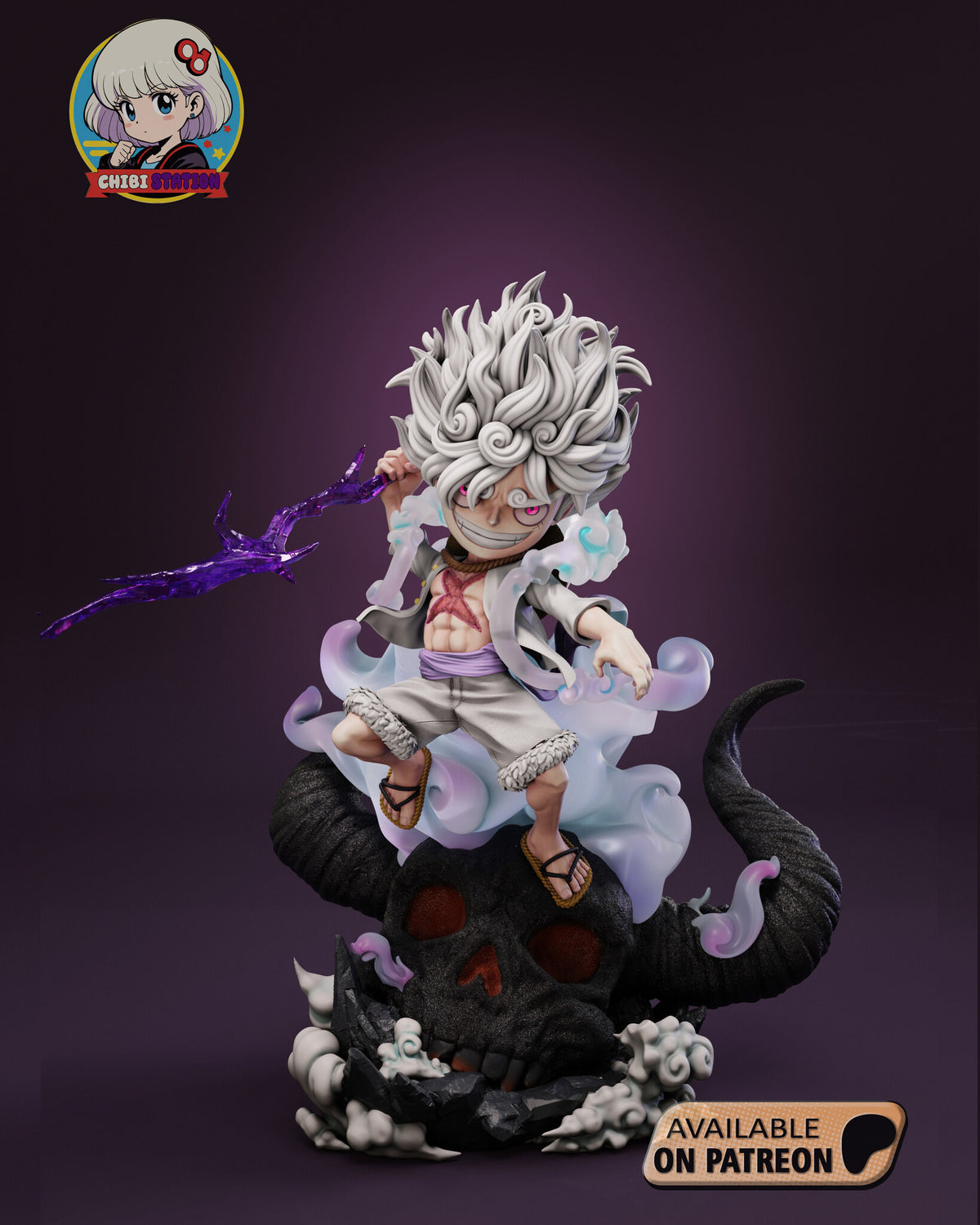Sculptor's render of the painted design (kit ships unpainted): front view of the chibi white-haired fighter crouched on a giant horned black skull, gripping a violet lightning bolt, with a pale energy cloud behind him