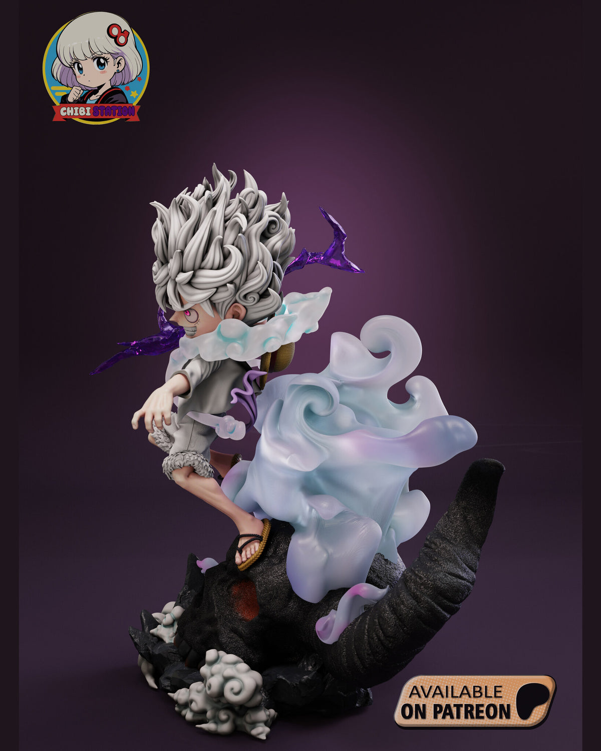 Sculptor's render (kit ships unpainted): left side view showing the translucent cloud trailing behind him and the long horn sweeping back