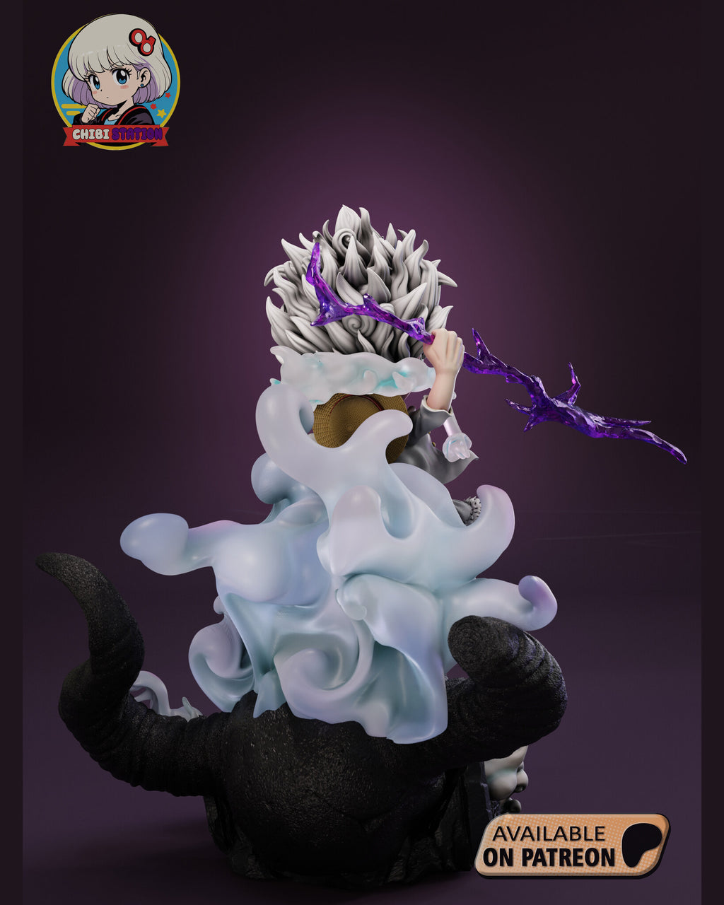 Sculptor's render (kit ships unpainted): back view with the woven hat hanging on his back, the bolt over his head and the rippling cloud below