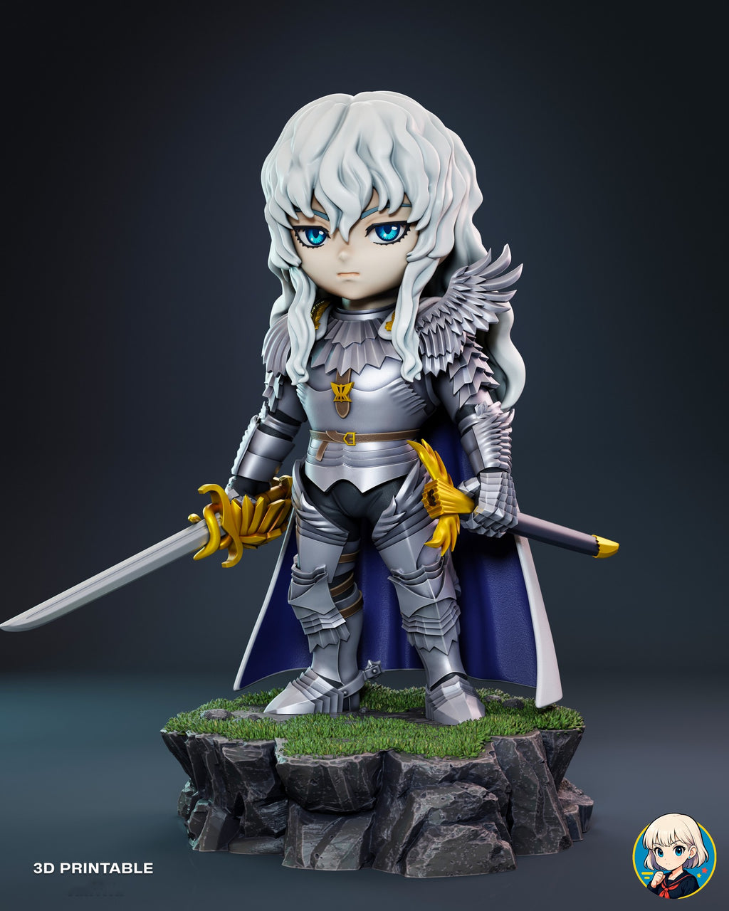 Sculptor's render of the painted design (kit ships unpainted): front view of the white-haired knight in silver plate and a white cape on the grass-topped rock, sabre angled down past the rock's edge
