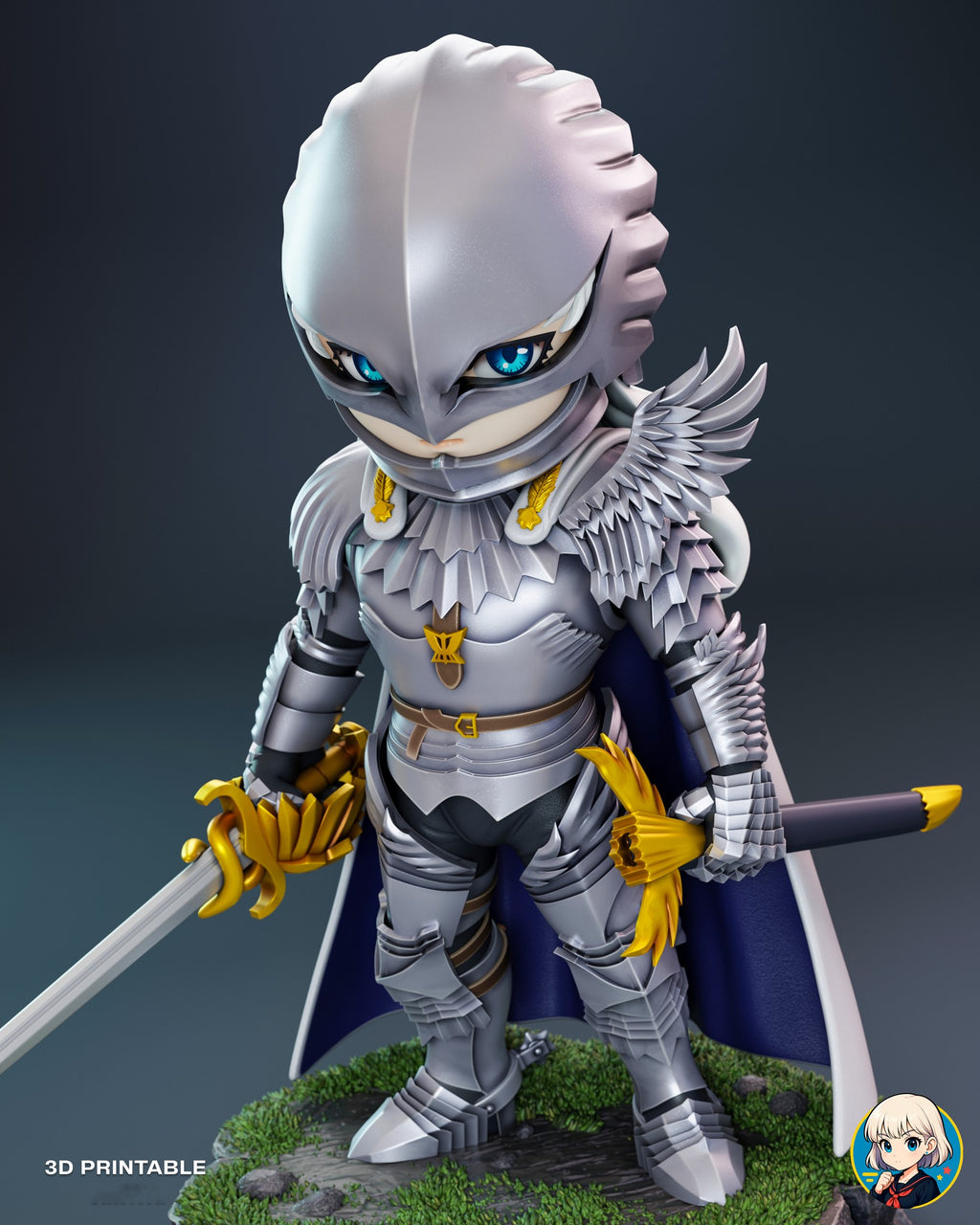 Sculptor's render (kit ships unpainted): high front view of the helmeted head with blue eyes showing through the eye slit