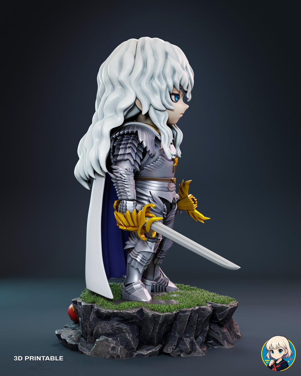 Sculptor's render (kit ships unpainted): side view from his right with the sabre angled forward and the long hair down his back