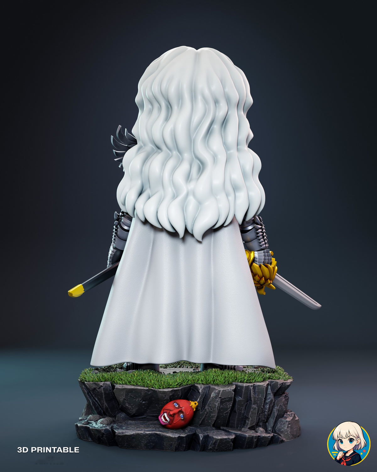 Sculptor's render (kit ships unpainted): back view of the long wavy white hair over the cape, with the small red egg charm on the back of the rock