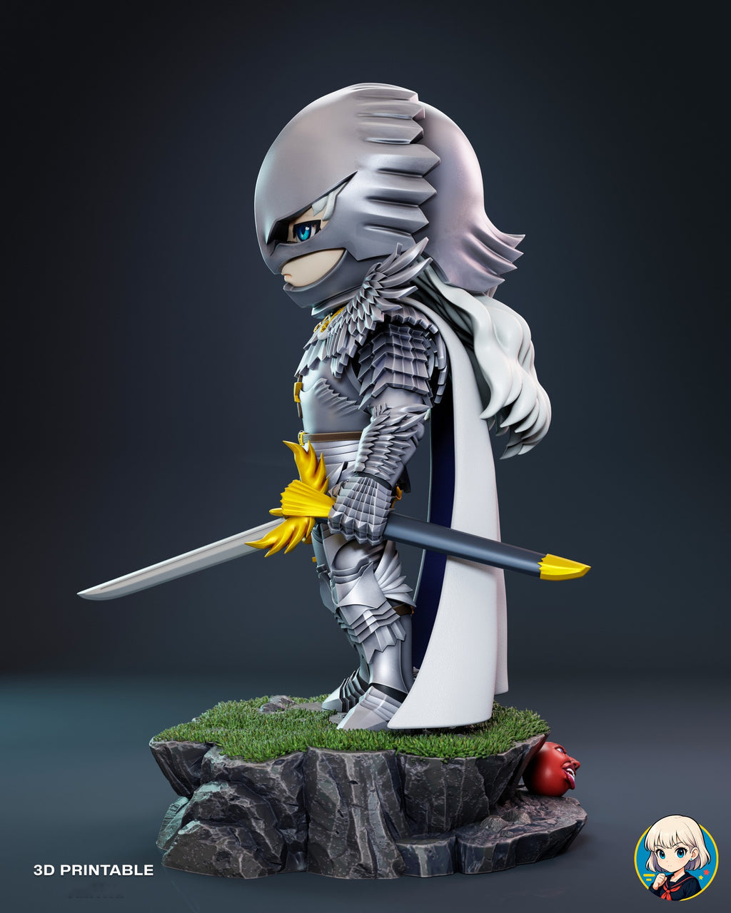 Sculptor's render (kit ships unpainted): left profile of the helmeted head with white hair flowing out the back