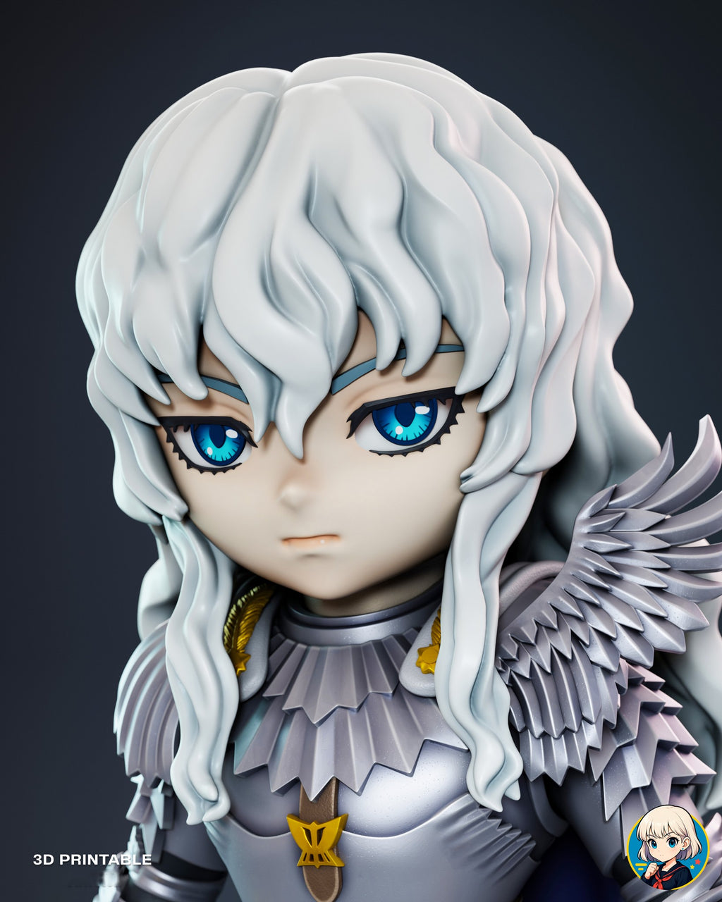 Sculptor's render (kit ships unpainted): close-up of the face with bright blue eyes, wavy white hair and the feathered steel collar