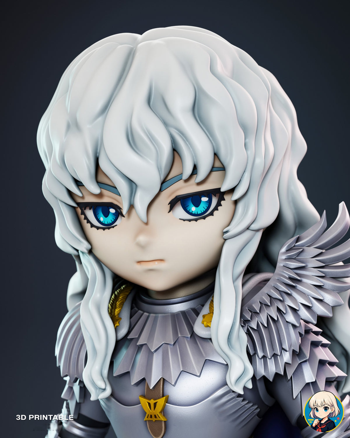 Sculptor's render (kit ships unpainted): close-up of the face with bright blue eyes, wavy white hair and the feathered steel collar