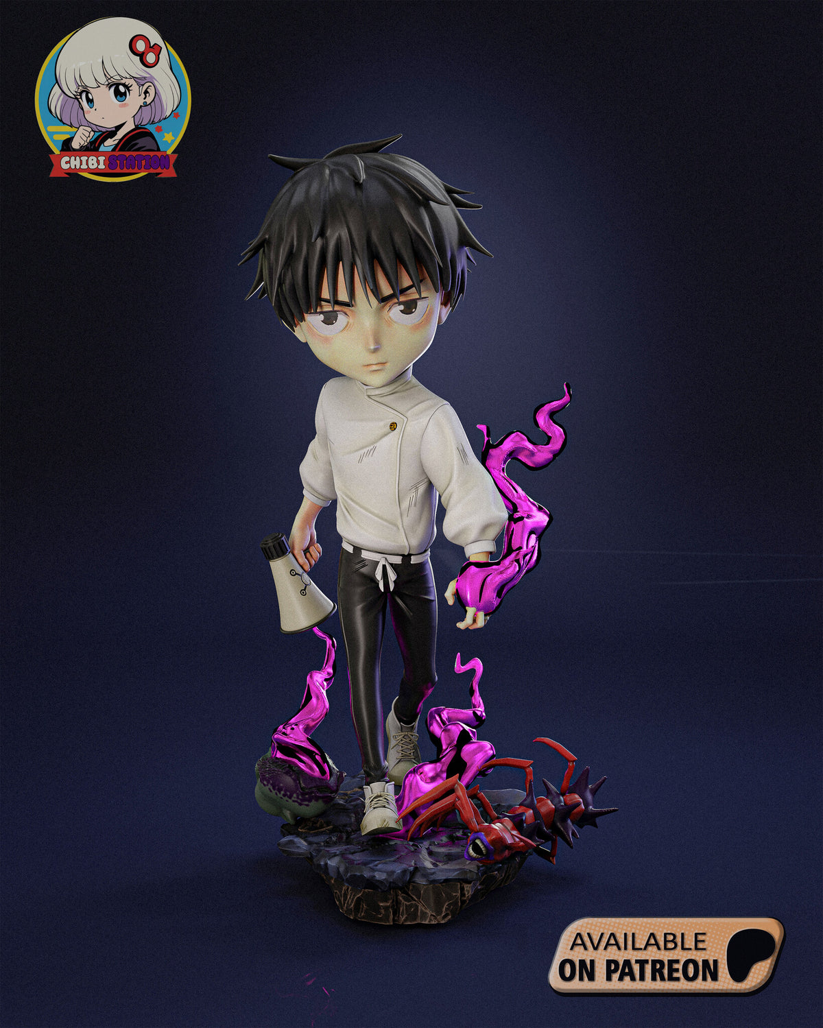 Sculptor's render of the painted design (kit ships unpainted): front view of the whole figure walking forward on the rock base, megaphone in one hand and magenta energy around the other