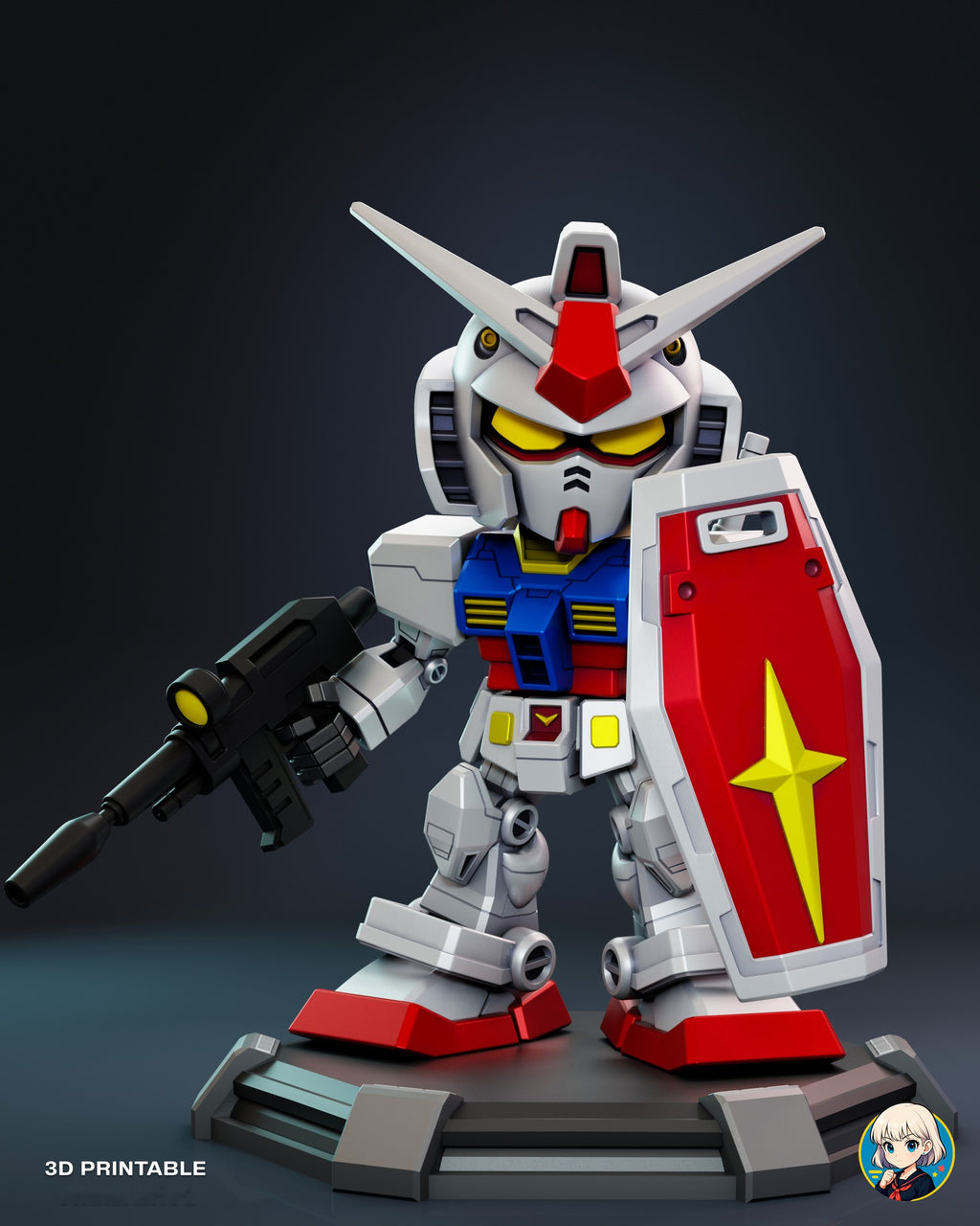 Sculptor's render of the painted design (kit ships unpainted): front full view of the chibi white mecha with a rifle and a red star-cross shield on its deck base