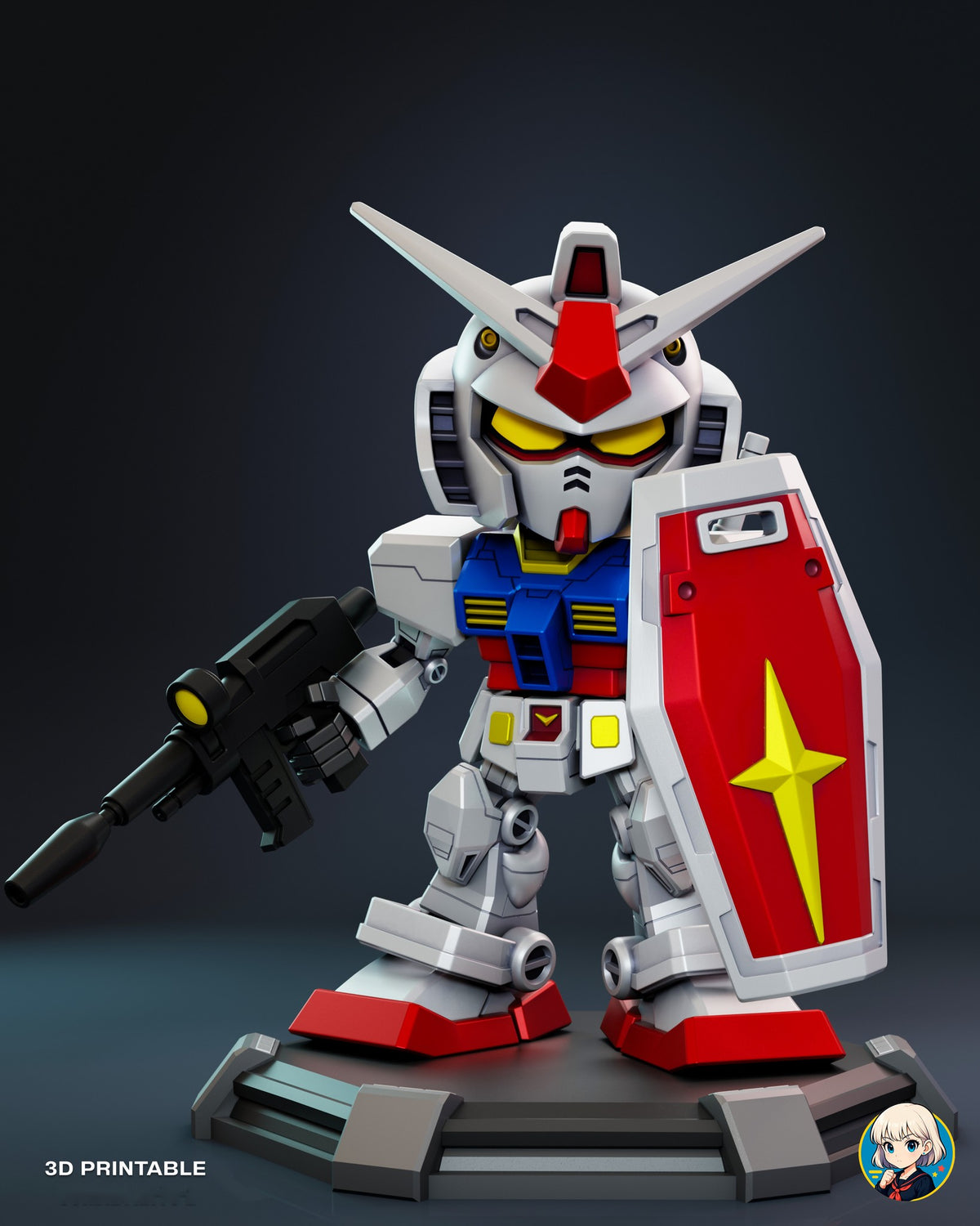 Sculptor's render of the painted design (kit ships unpainted): front full view of the chibi white mecha with a rifle and a red star-cross shield on its deck base