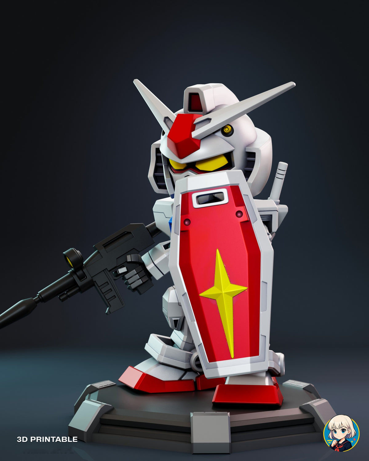 Sculptor's render (kit ships unpainted): three-quarter view from its left with the shield across the body