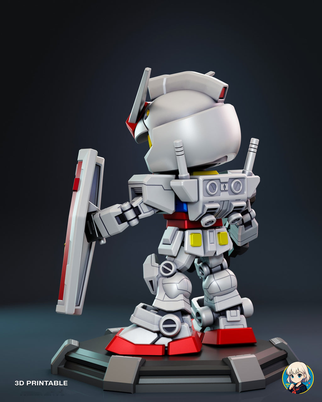 Sculptor's render (kit ships unpainted): rear three-quarter view of the backpack, blade hilts and the back of the shield