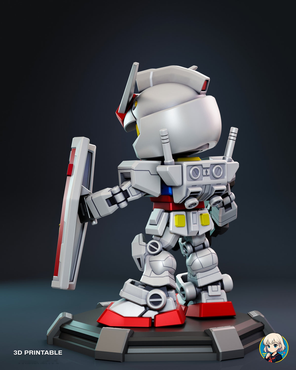 Sculptor's render (kit ships unpainted): rear three-quarter view of the backpack, blade hilts and the back of the shield
