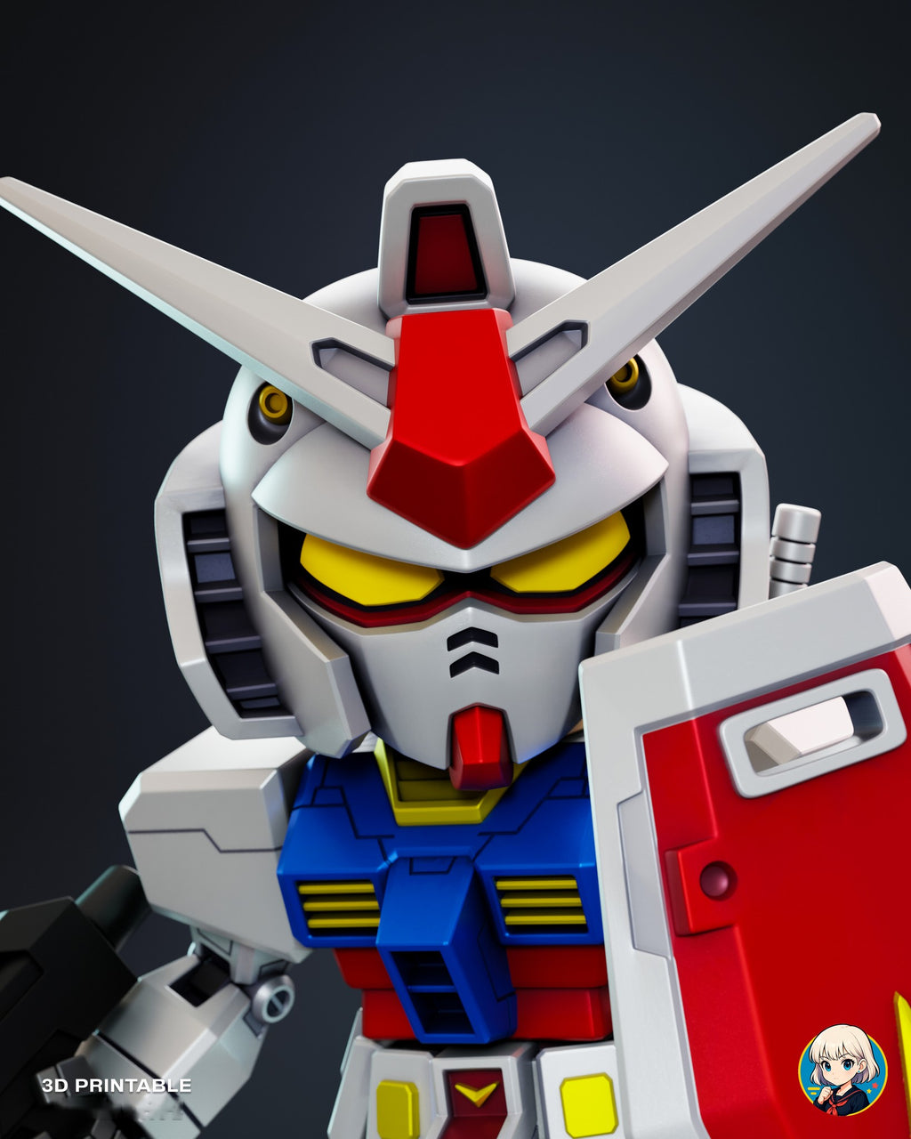 Sculptor's render (kit ships unpainted): close-up of the head with the V-fin, red crest, yellow eyes and faceplate vents