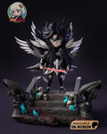 Sculptor's render of the painted design (kit ships unpainted): front view of the whole diorama, the winged dark lord at the top of a cracked stone staircase between two gargoyles, with skulls and cyan flames on the steps
