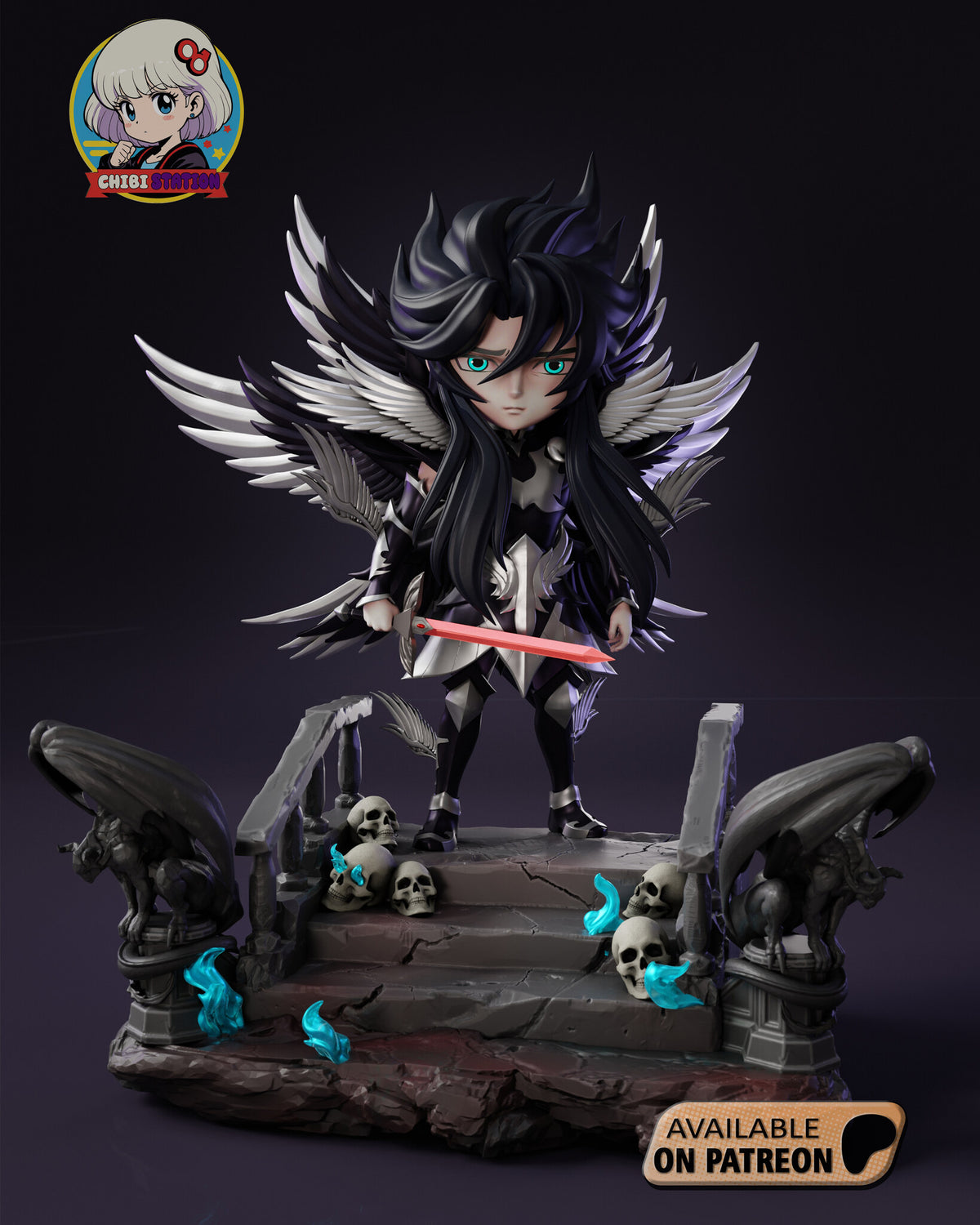 Sculptor's render of the painted design (kit ships unpainted): front view of the whole diorama, the winged dark lord at the top of a cracked stone staircase between two gargoyles, with skulls and cyan flames on the steps