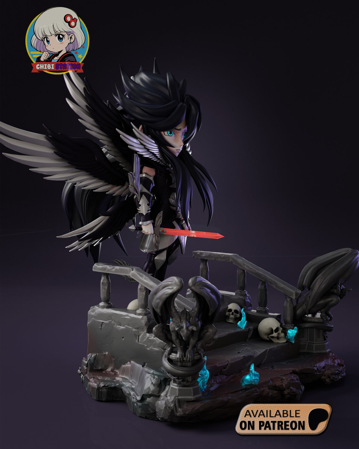 Sculptor's render (kit ships unpainted): three-quarter view from the front left with the other gargoyle, skulls and flames on the steps