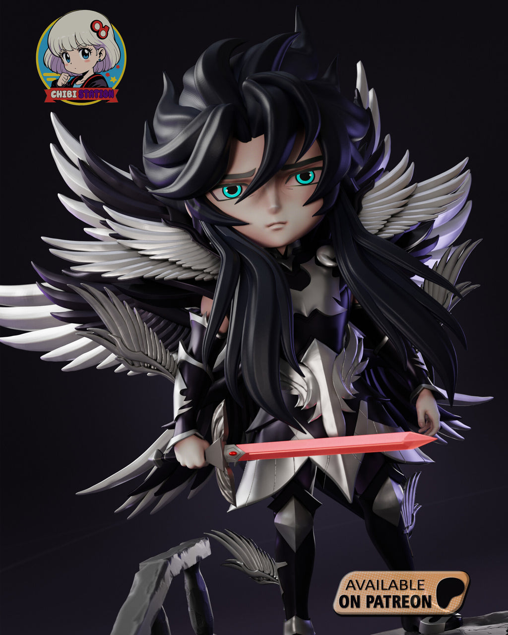 Sculptor's render (kit ships unpainted): close front view of the frowning face, the silver and black armor and the red-bladed sword