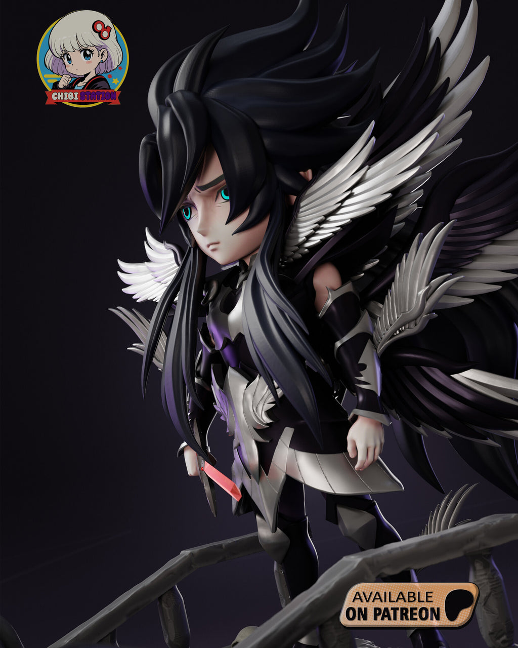 Sculptor's render (kit ships unpainted): close three-quarter view from his left showing the spiked arm armor, silver hip plates and a small white wing