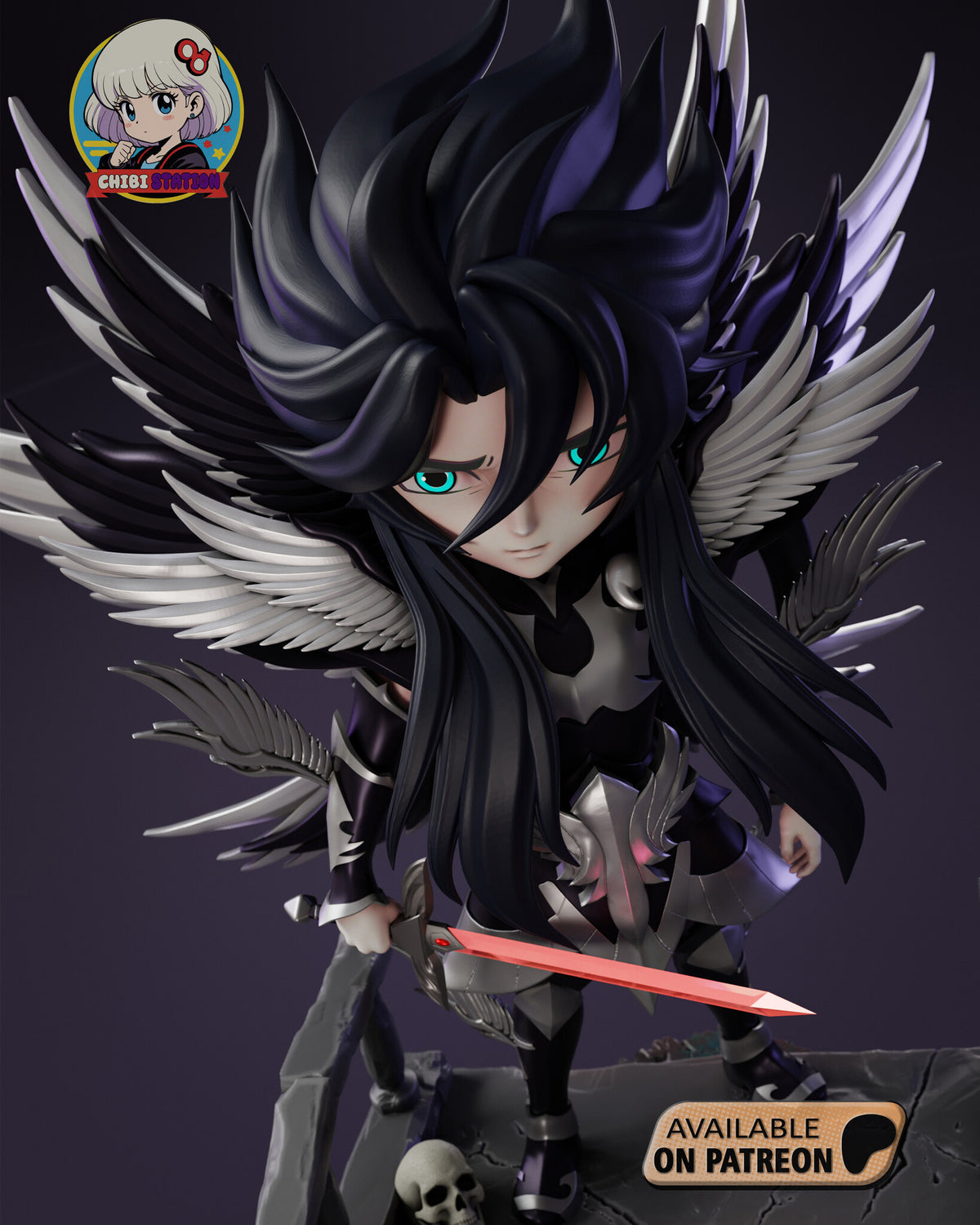 Sculptor's render (kit ships unpainted): high view looking down on the spiky black hair and spread wings, sword held across his body