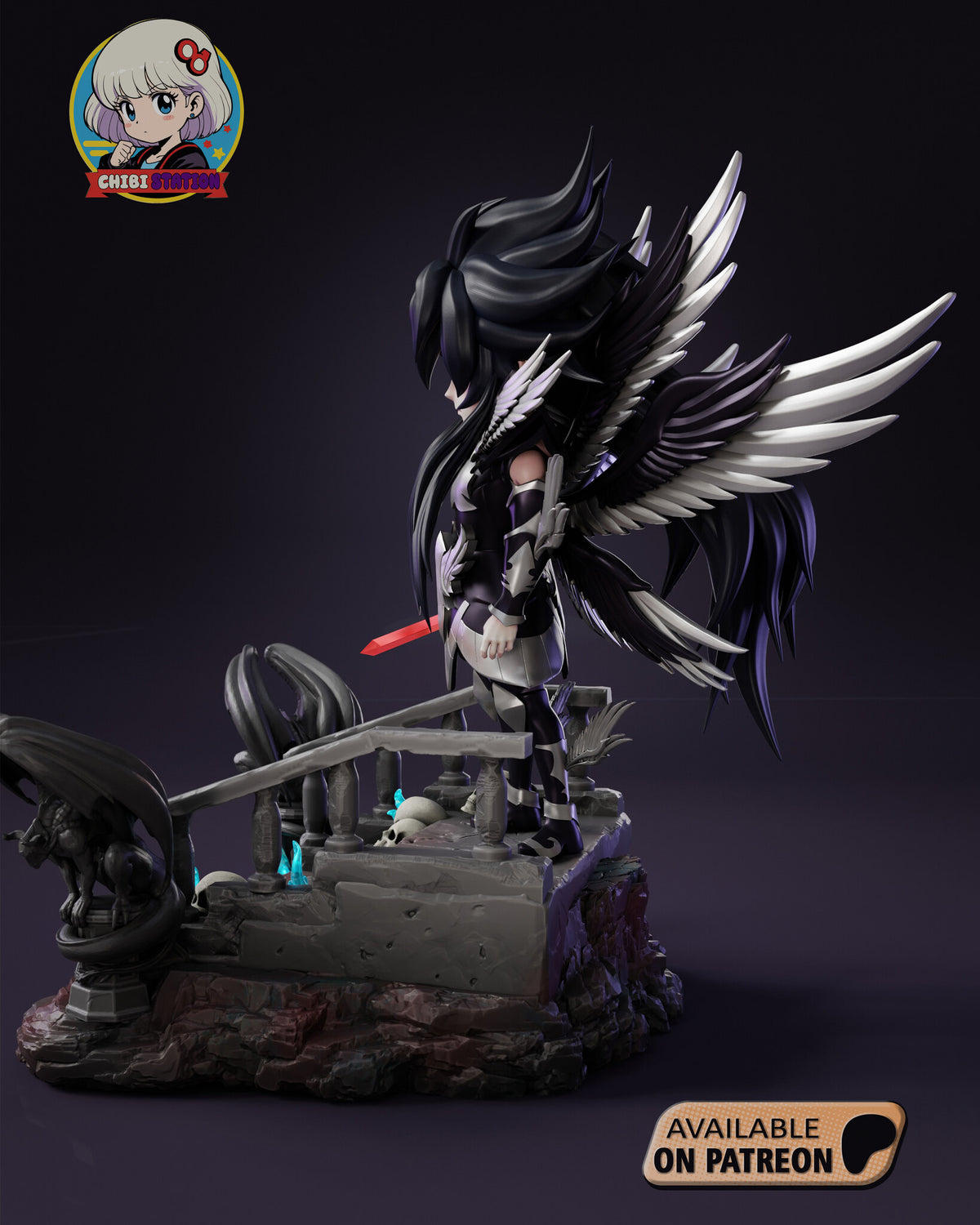 Sculptor's render (kit ships unpainted): side view from the right with the wings and long black hair sweeping out behind him