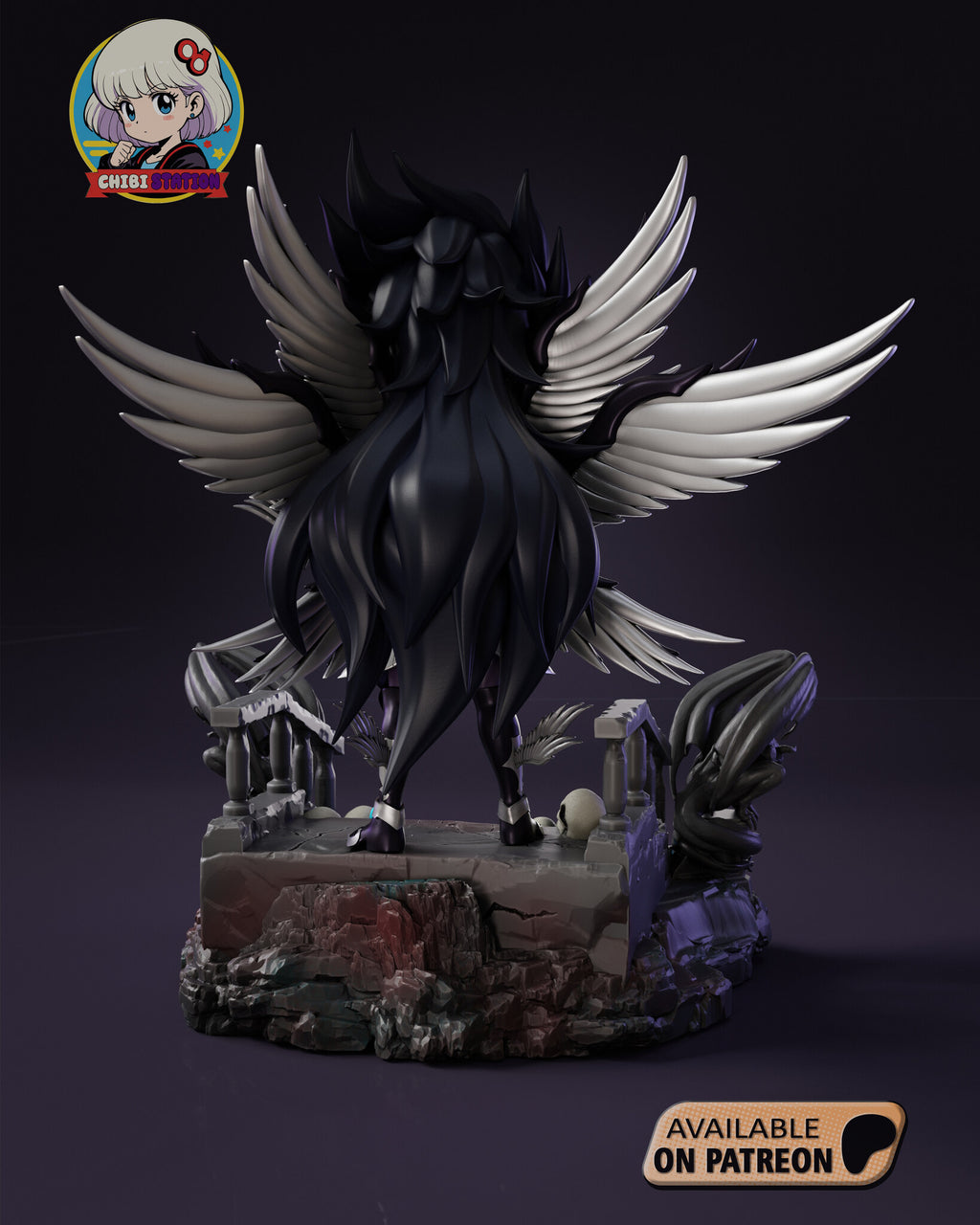 Sculptor's render (kit ships unpainted): back view of the long black hair and two tiers of pale wings above the stone landing