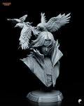 Sculptor's render of the sculpt (kit ships unpainted): front view of the long-haired ninja bust in a high-collared cloak, two crows taking flight above his head, on a round pedestal