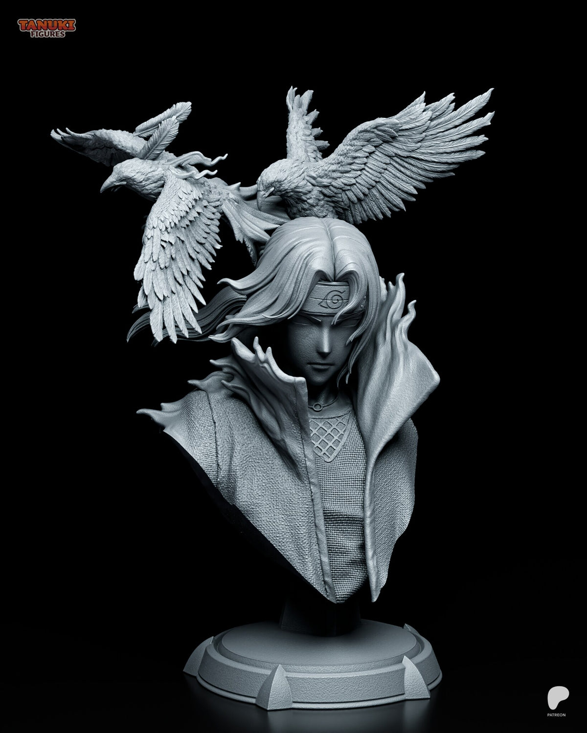 Sculptor's render of the sculpt (kit ships unpainted): front view of the long-haired ninja bust in a high-collared cloak, two crows taking flight above his head, on a round pedestal