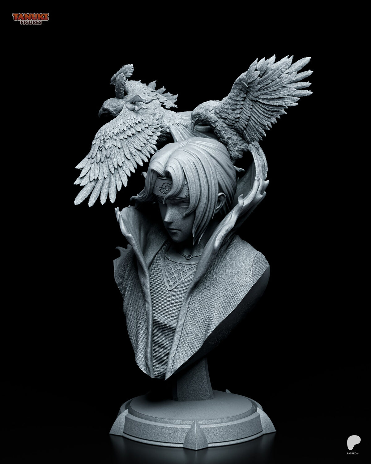 Sculptor's render (kit ships unpainted): three-quarter view showing the forehead plate, the mesh undershirt and the crow gripping his hair
