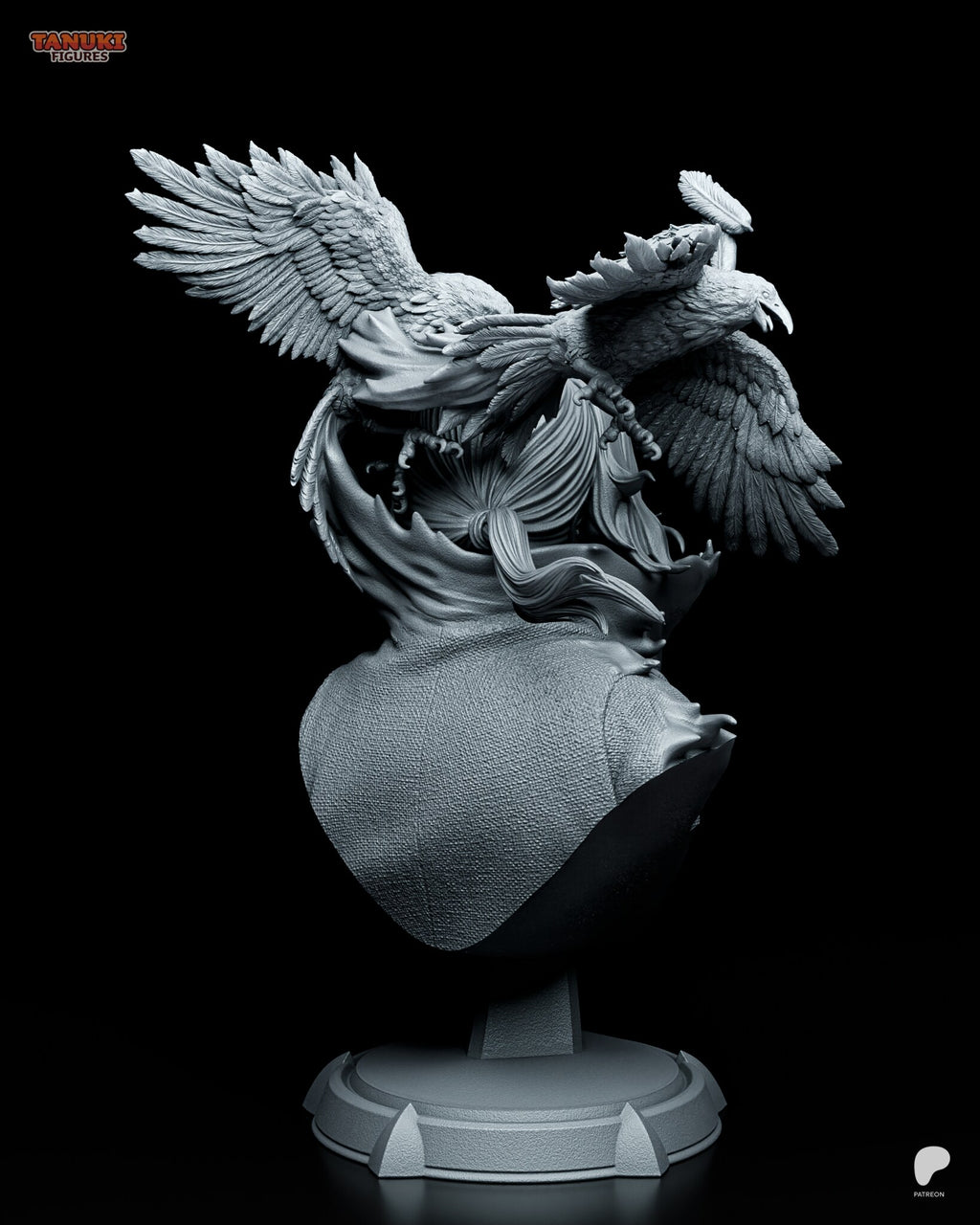 Sculptor's render (kit ships unpainted): rear view showing the woven cloak texture, the ponytail and both crows from behind