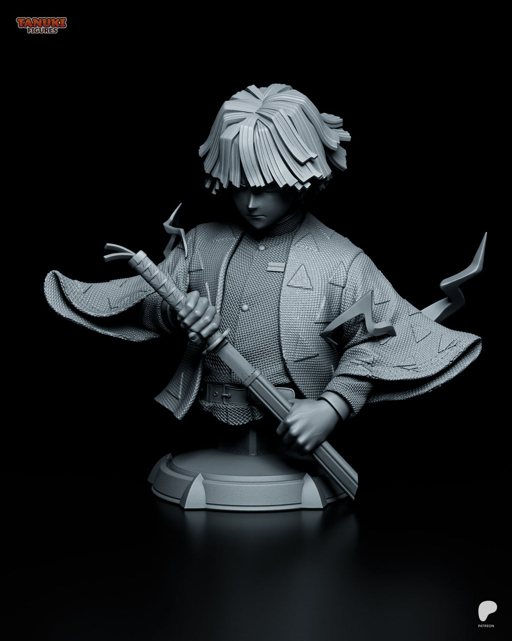 Sculptor's render of the design (kit ships unpainted): gray clay front view of the closed-eyed swordsman bust gripping a sheathed sword, coat sleeves flaring and lightning bolts around him, on a round plinth
