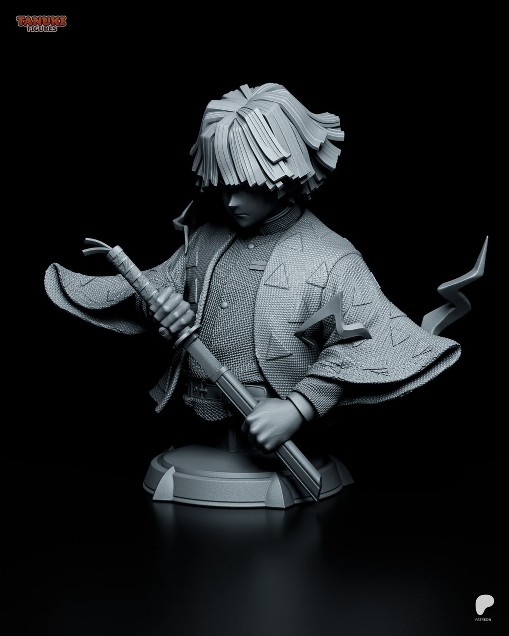 Sculptor's render (kit ships unpainted): three-quarter front view showing the triangle pattern on the coat and the bolt across the sleeve