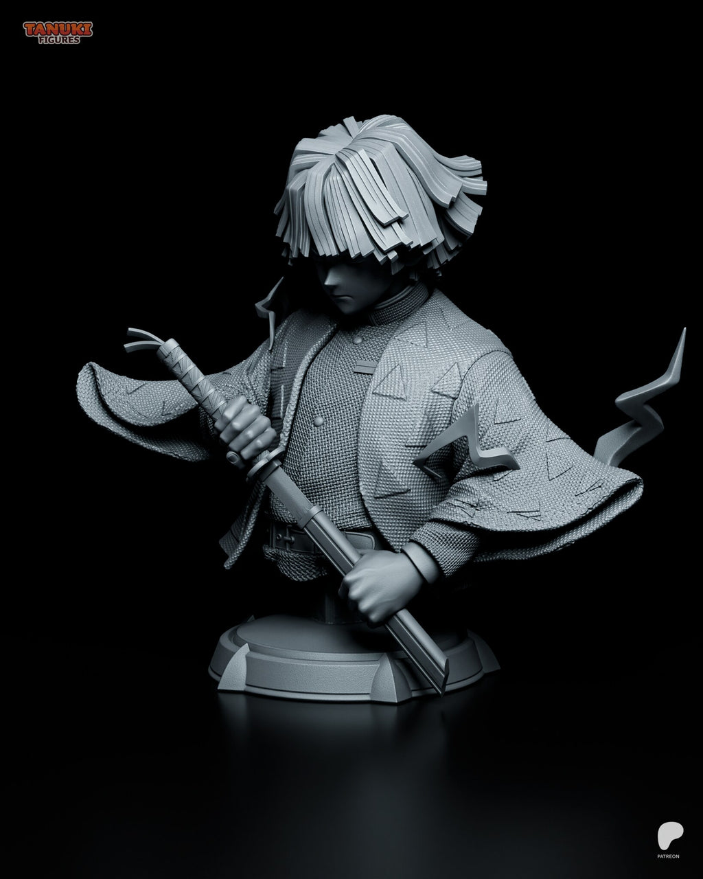 Sculptor's render (kit ships unpainted): front view from slightly lower, the wrapped hilt and the scabbard running past the base