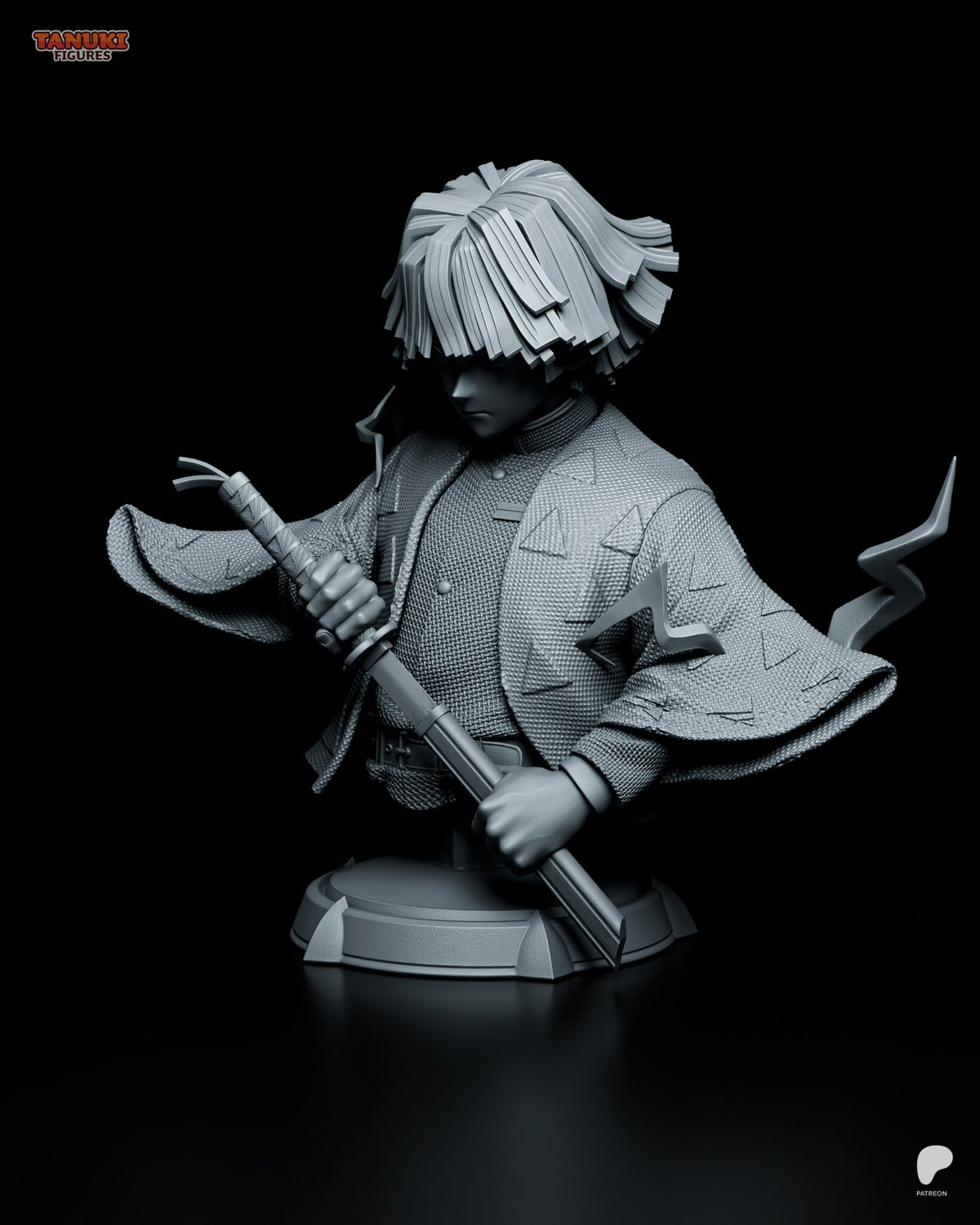 Sculptor's render (kit ships unpainted): front view from slightly lower, the wrapped hilt and the scabbard running past the base