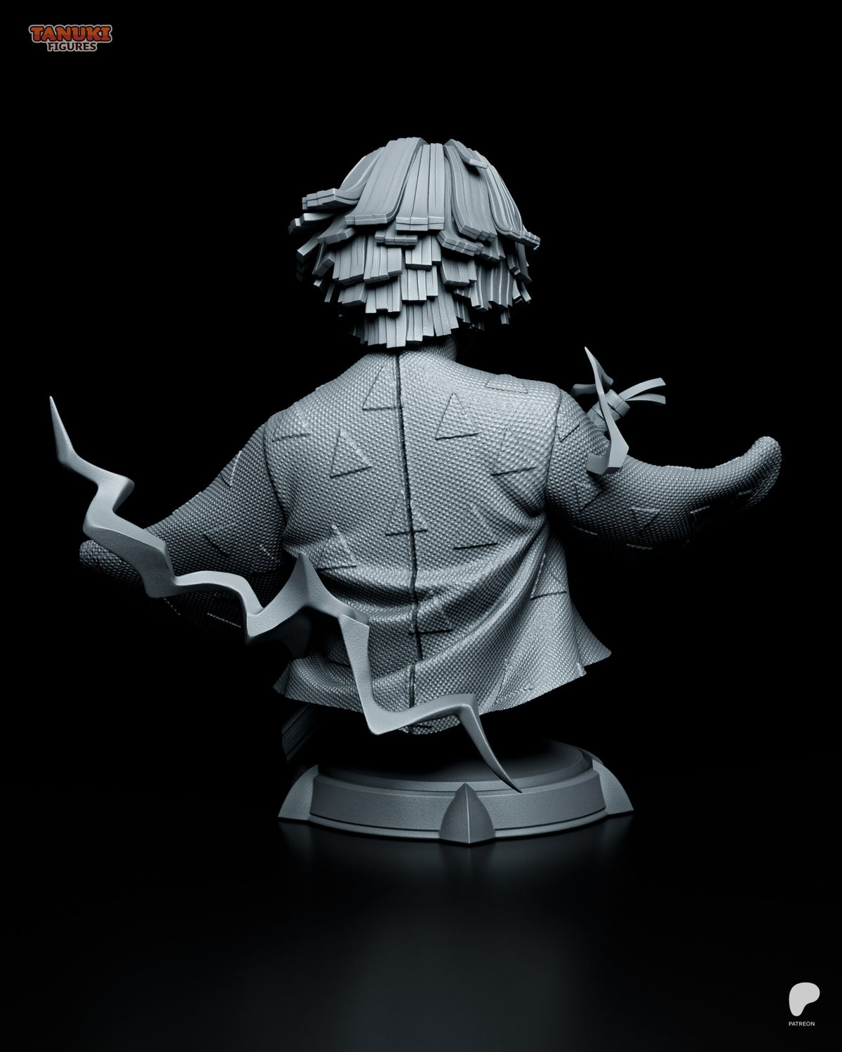 Sculptor's render (kit ships unpainted): back view with the layered hair, the coat seam and the long bolt wrapping around his back