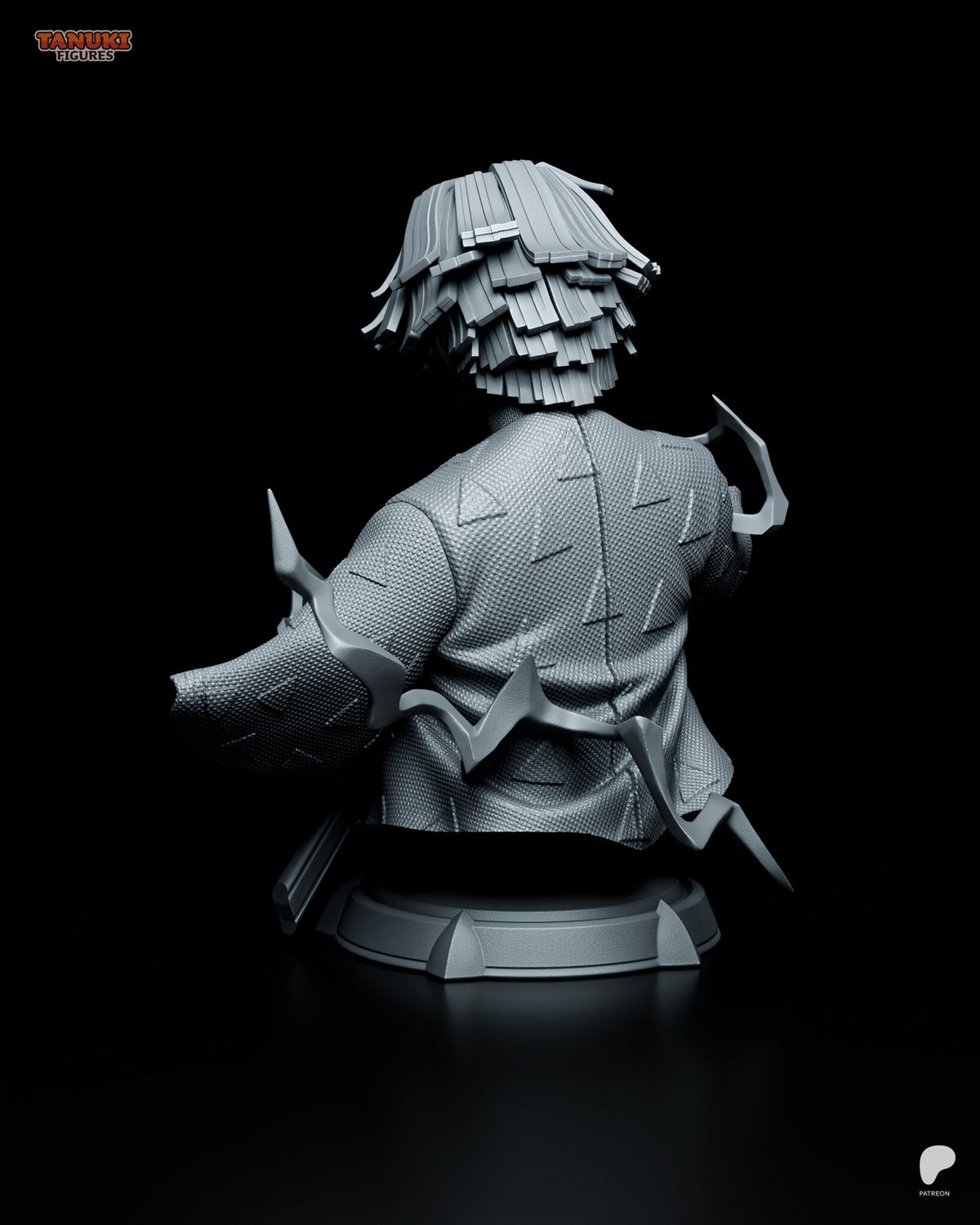 Sculptor's render (kit ships unpainted): rear three-quarter view of the coat, the hair and the lightning bolts