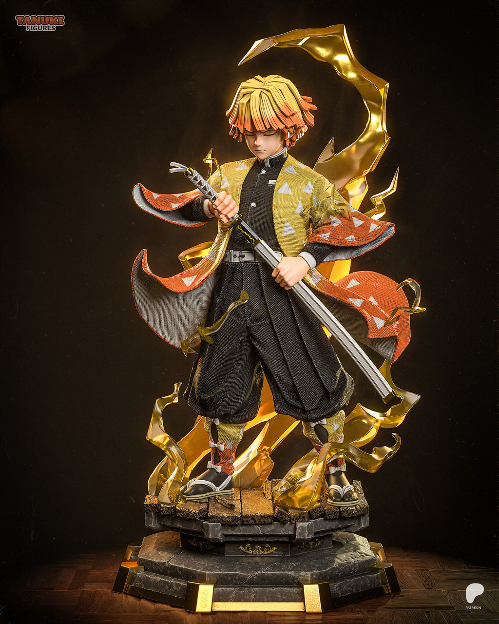 Sculptor's render (kit ships unpainted): three-quarter front view with the triangle-patterned coat flaring and the lightning arc over his head