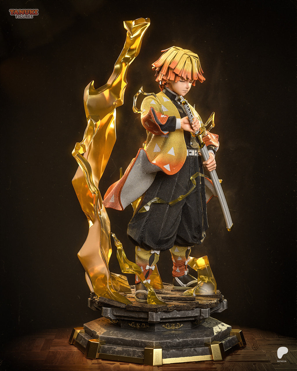Sculptor's render (kit ships unpainted): side view with the tall lightning column rising beside him and the scabbard pointing down