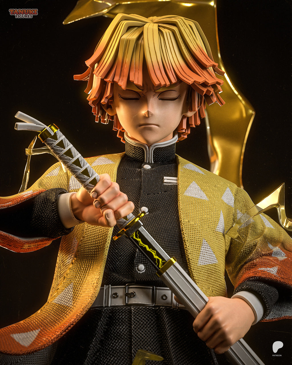 Sculptor's render (kit ships unpainted): chest-up view of the closed eyes, the two-tone hair, the high collar and the hand on the hilt
