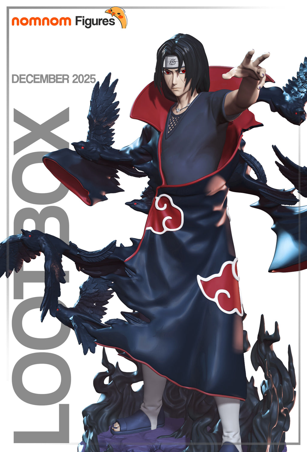 Sculptor's render of the painted design (kit ships unpainted): front view of the ninja in the dark cloak with red cloud shapes, one hand thrust forward, crows breaking away from the cloak over black flames