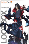 Sculptor's render of the painted design (kit ships unpainted): front view of the ninja in the dark cloak with red cloud shapes, one hand thrust forward, crows breaking away from the cloak over black flames
