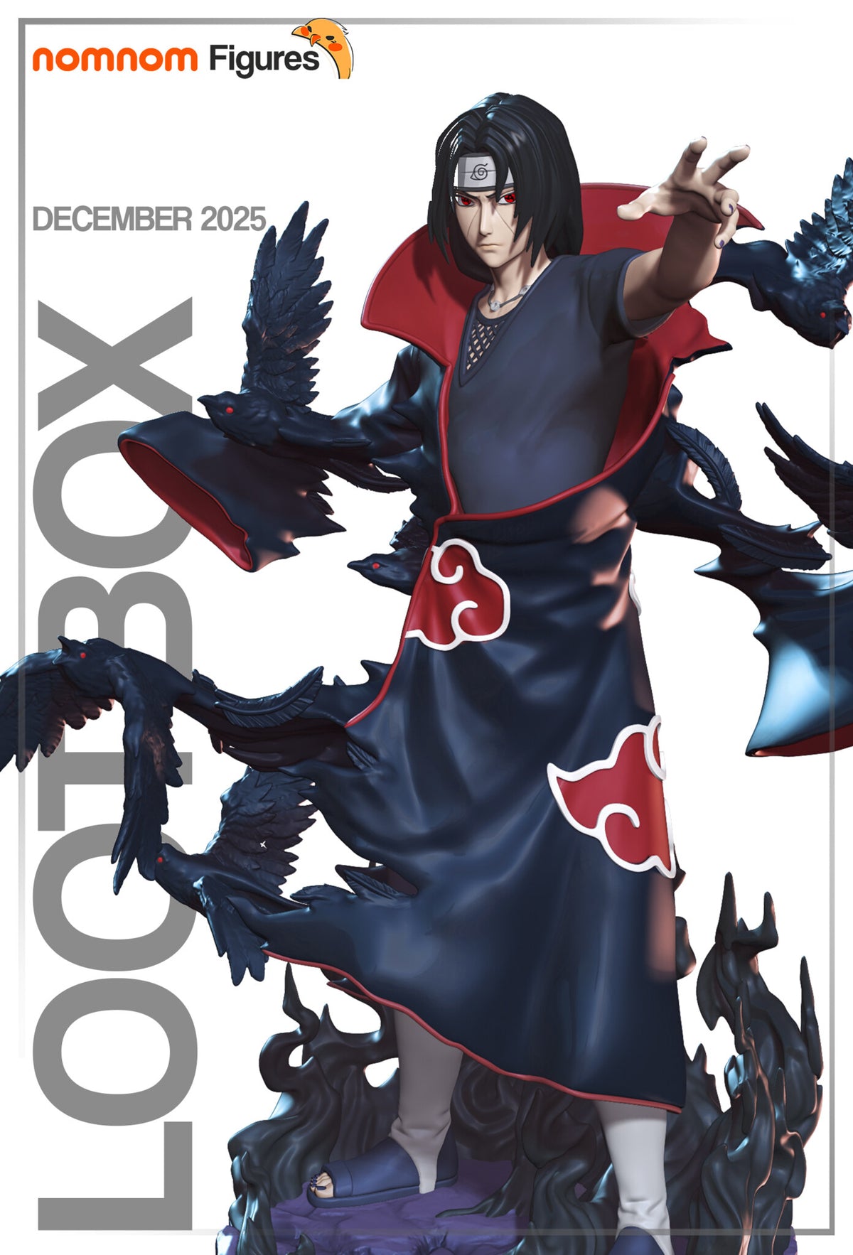 Sculptor's render of the painted design (kit ships unpainted): front view of the ninja in the dark cloak with red cloud shapes, one hand thrust forward, crows breaking away from the cloak over black flames