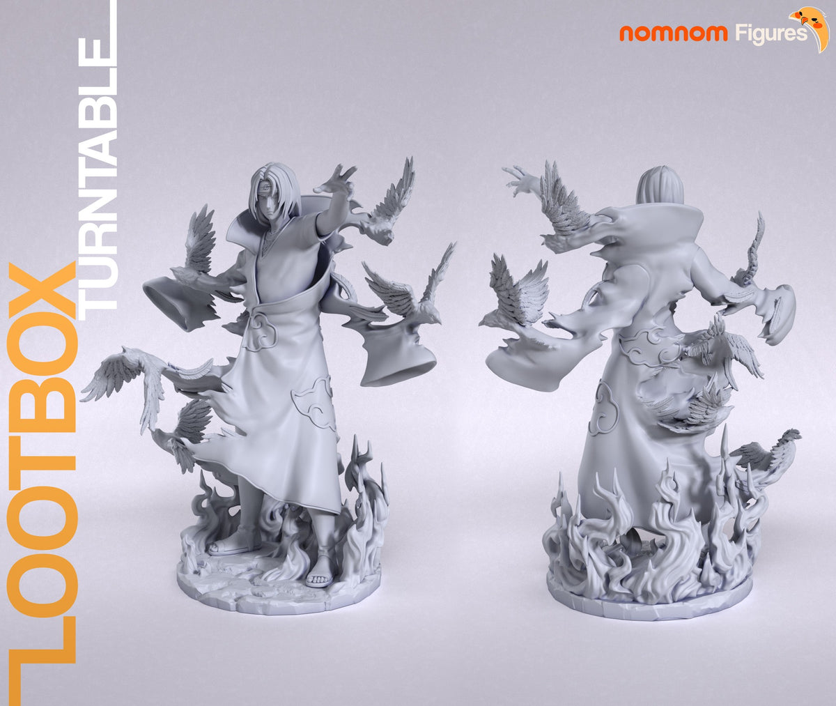 Studio's turntable sheet, shown in gray (kit ships unpainted): two views of the whole figure on its round flame base, front three-quarter and rear