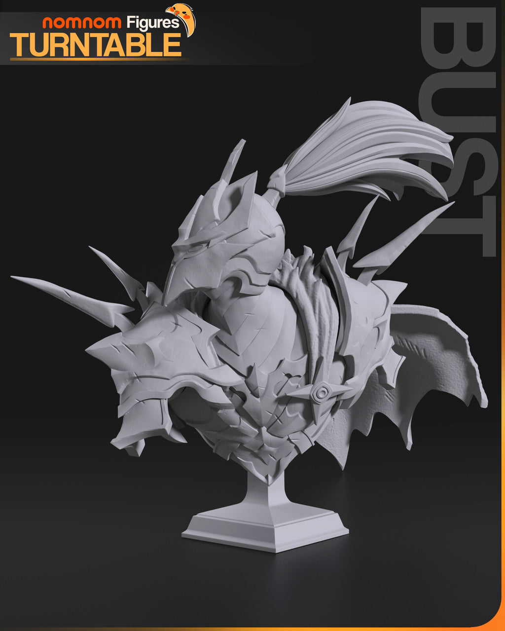 Sculptor's render of the painted design (kit ships unpainted): gray studio view of the armored knight bust, a narrow-visored crested helmet with a long flowing plume, spiked pauldrons and a torn cape, on a stepped plinth