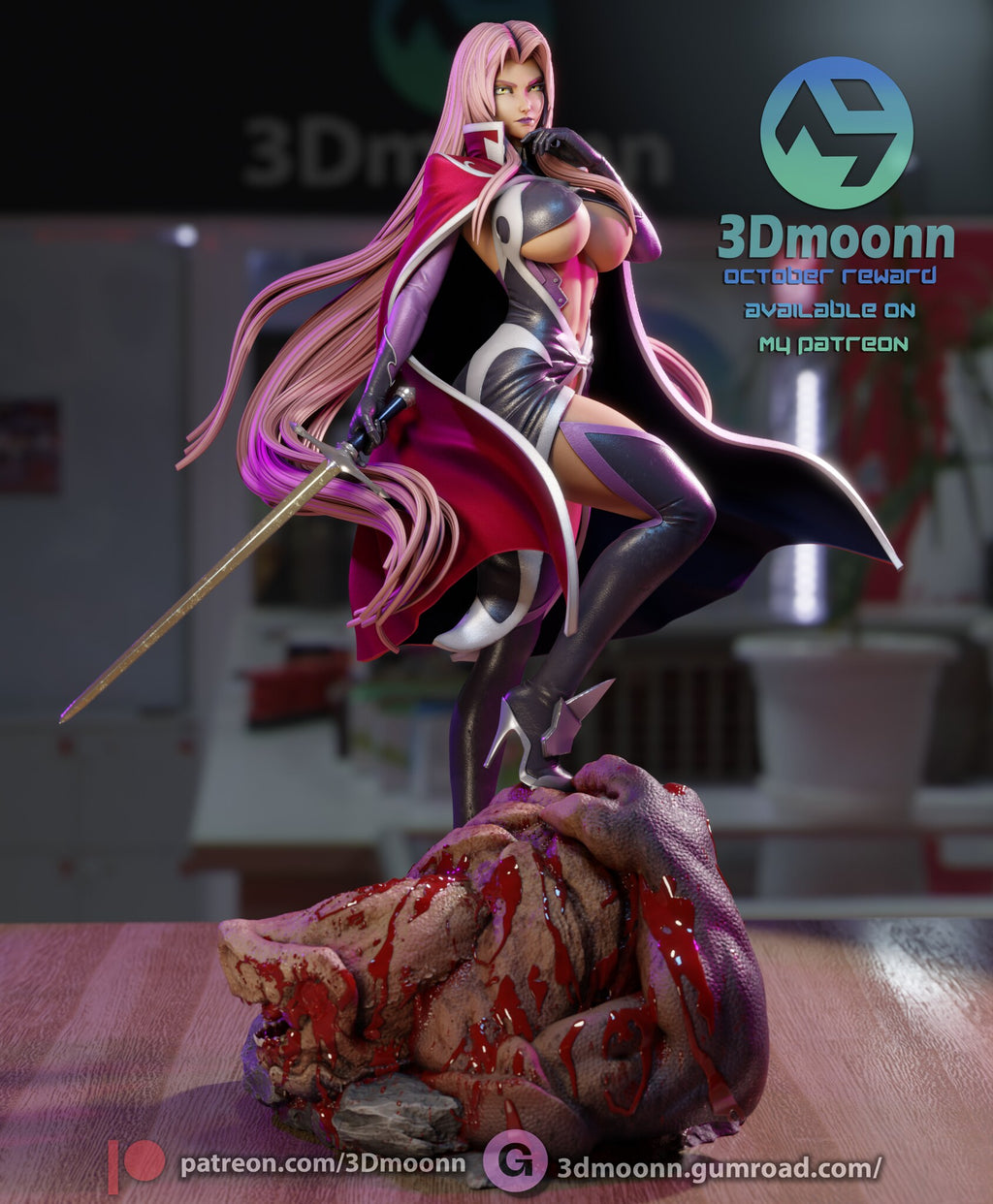 Sculptor's render of the painted design (kit ships unpainted): front three-quarter view of the caped figure standing on the slain creature's head