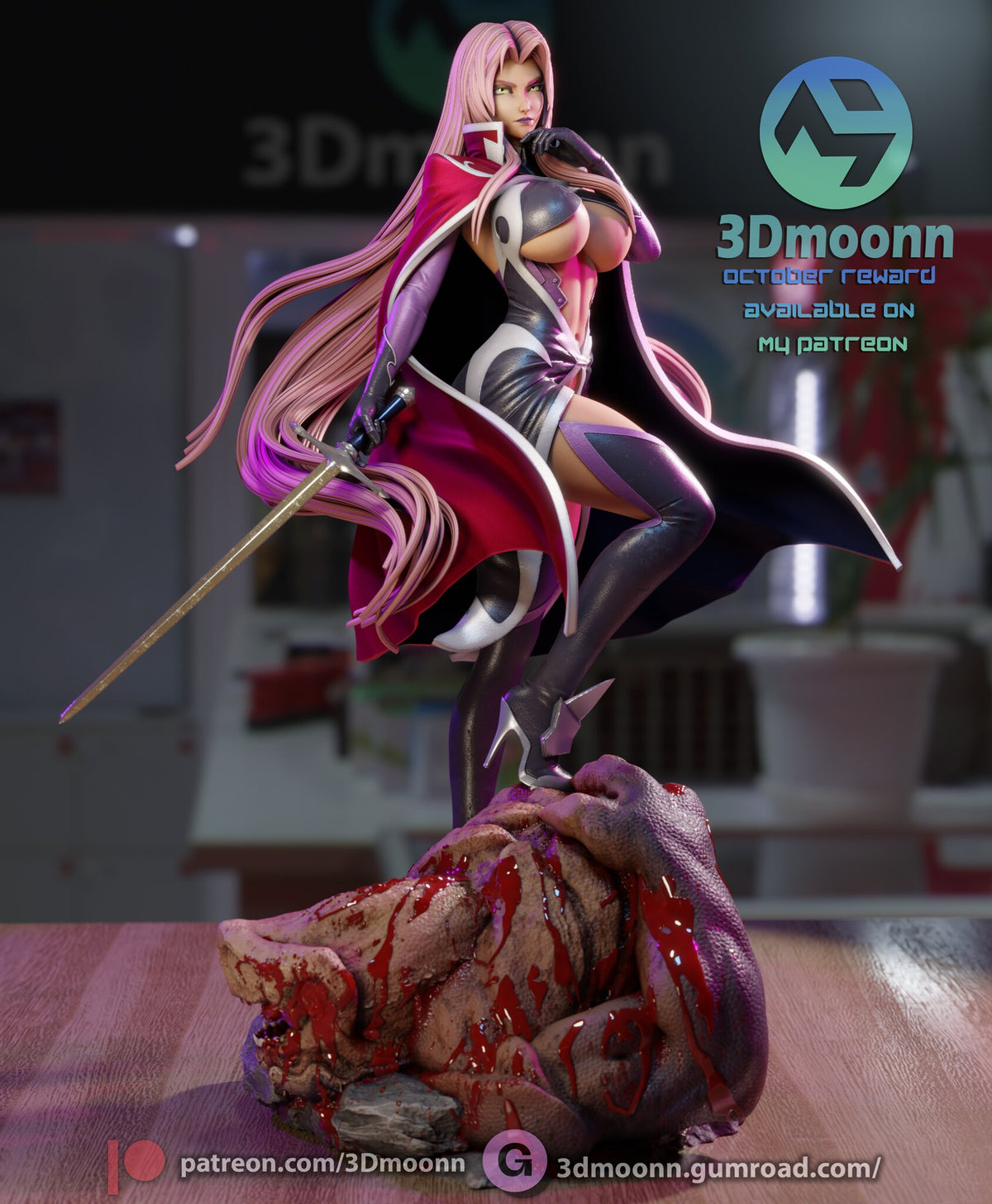 Sculptor's render of the painted design (kit ships unpainted): front three-quarter view of the caped figure standing on the slain creature's head