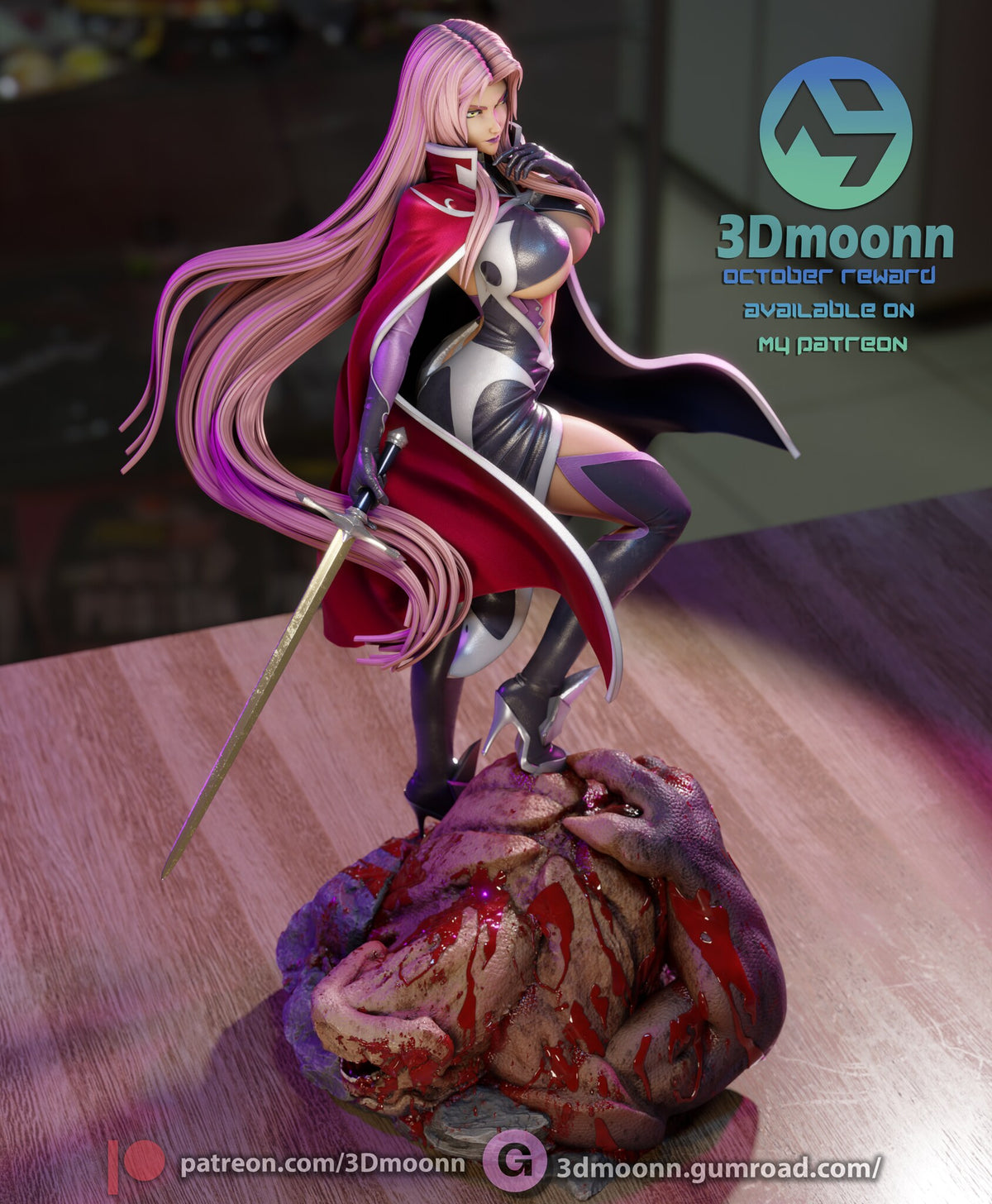 Sculptor's render (kit ships unpainted): high-angle view of the figure and the top of the creature-head base